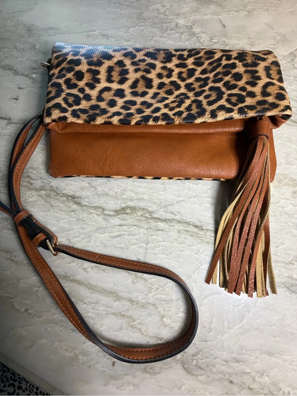 Leopard Print Fold-Over Crossbody Bag in Tan - Picture 7 of 7